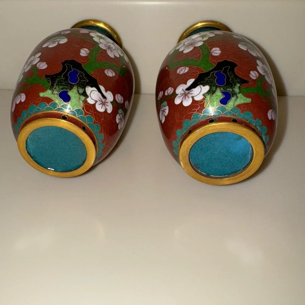 Pair Of Vintage Chinese Cloisonné Chrysanthemum Floral Vases